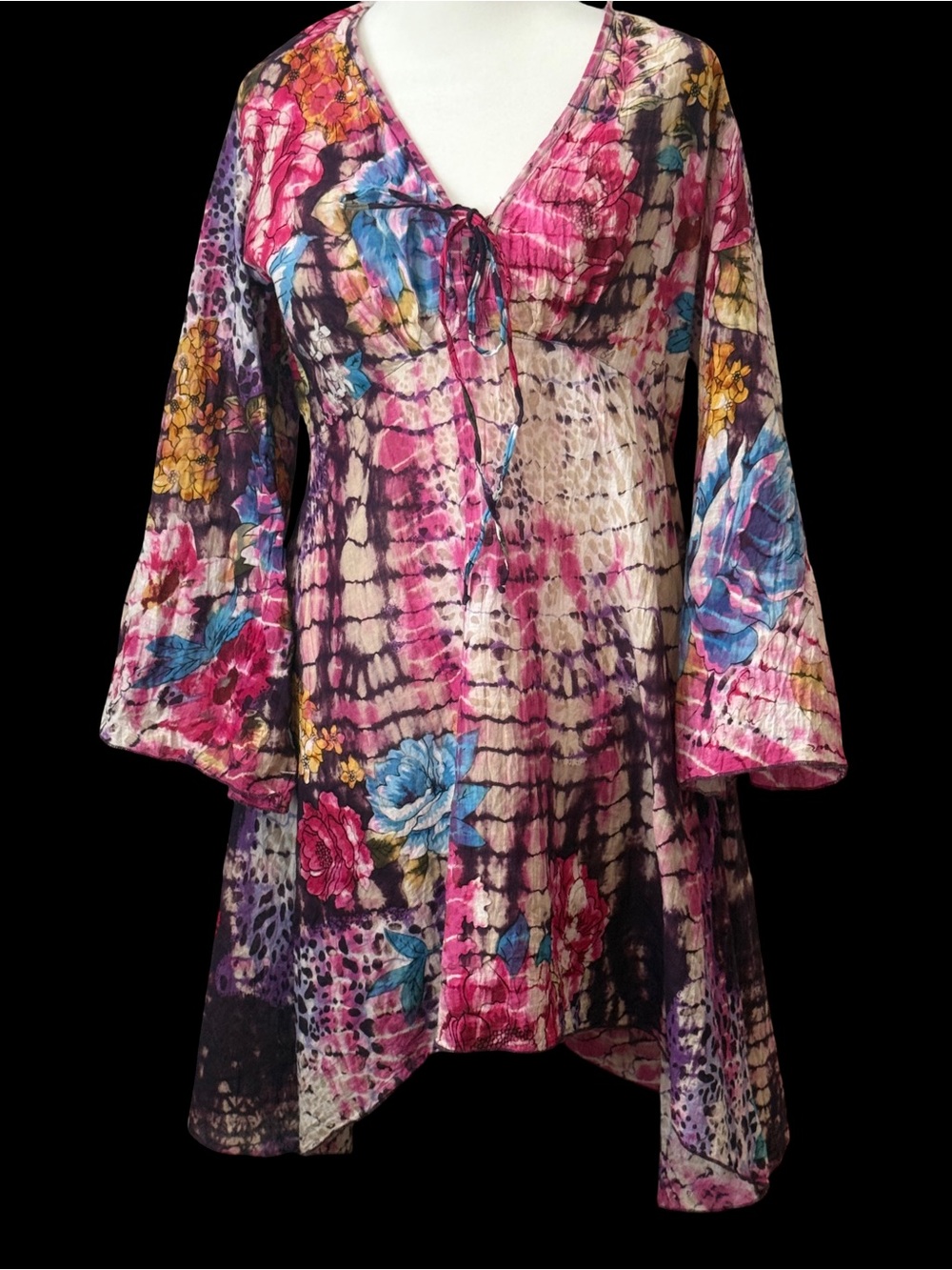 Babydoll Tie Front Flowy Asymmetric Floral Romantic Bell Sleeve boho dress Large